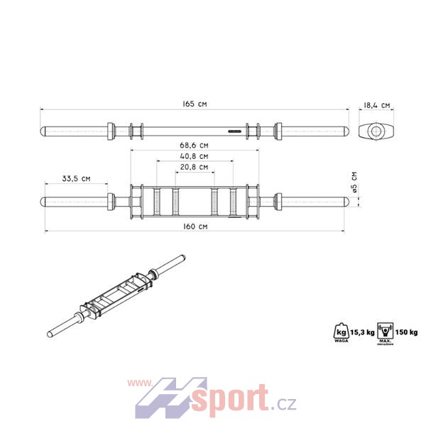 Obouruční olympijská osa s paralelními úchopy 165 cm